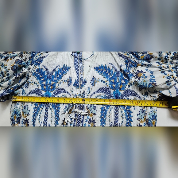 FARM Rio Blue and White Floral Womens Ana Tapestry Ruffle Blouse Size L - Picture 12 of 16